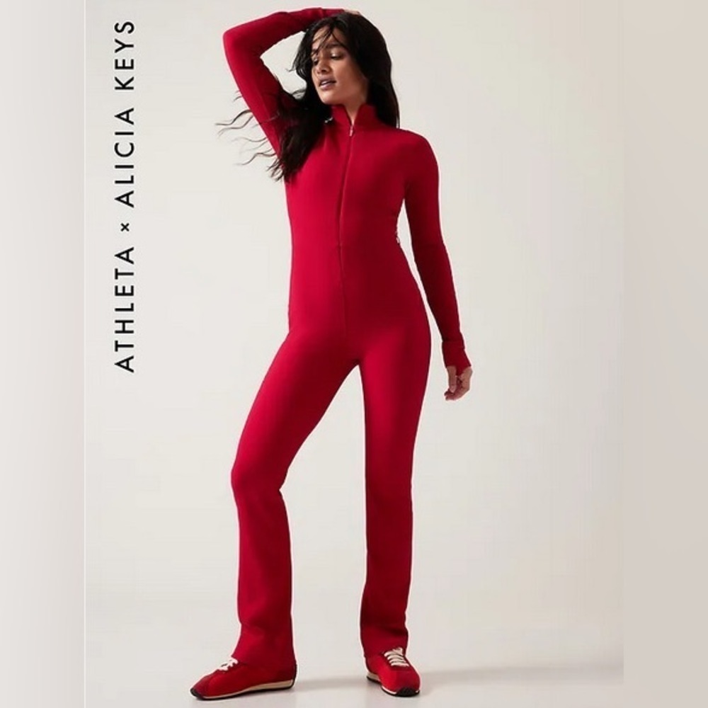 NEW Athleta X Alicia Keyes Red Ribbed Goddess Full Length Zip Jumpsuit Size S